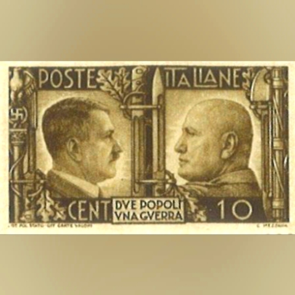 WW2 Lot Of Ten Italian stamps of Mussolini and Hitler, bare-headed